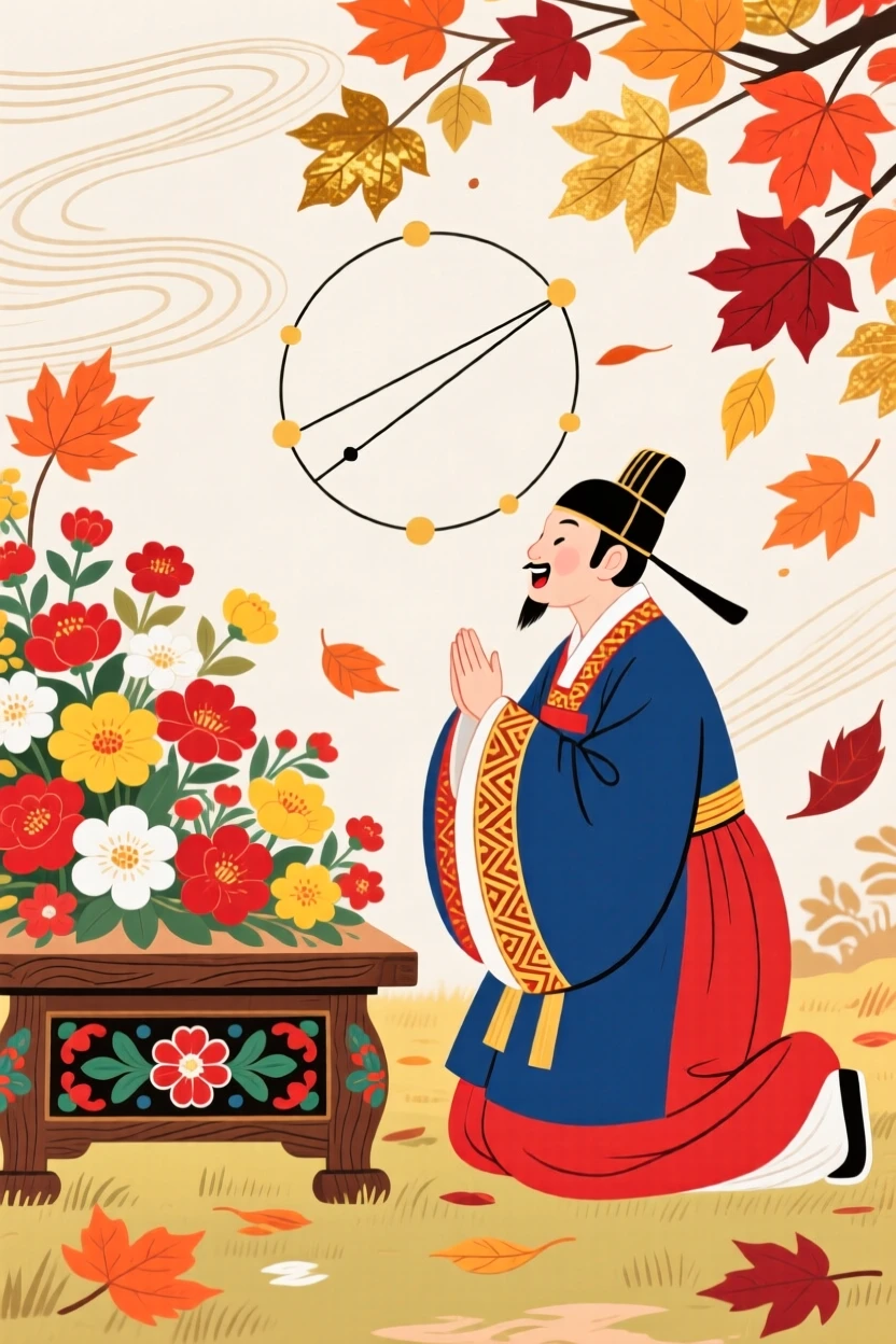 A court astronomer kneeling before an altar covered in fresh flowers, with autumn leaves swirling in the wind.
