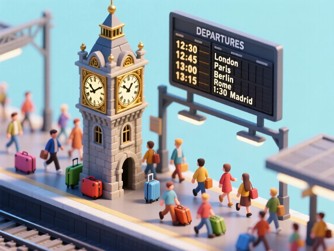 A bustling train station with an ornate clock tower, travelers rushing with suitcases, and a departures board clacking overhead.