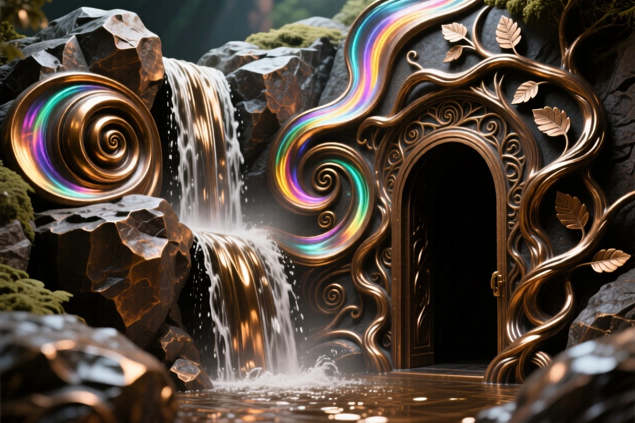 A hidden waterfall concealing the entrance to a magical realm, with swirling energy and radiant color, transporting the viewer to another world