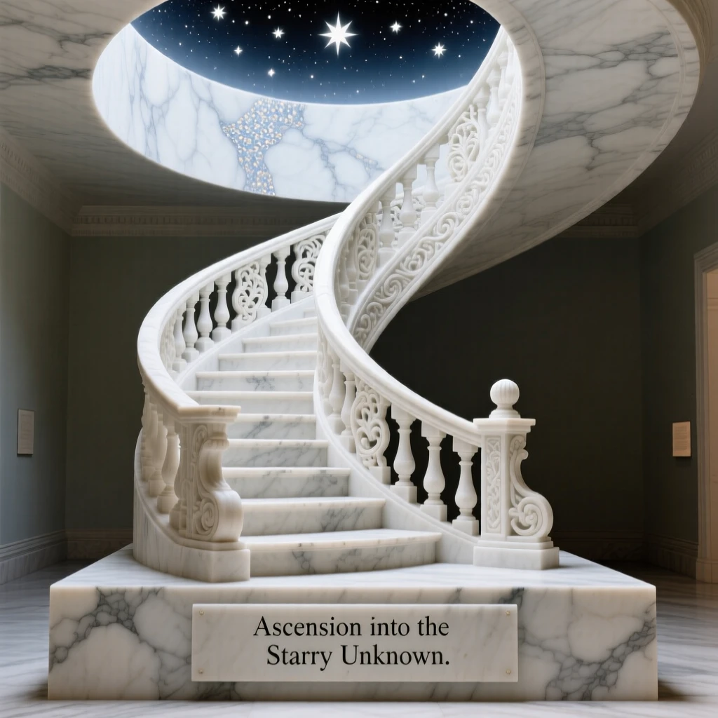 A striking, imaginative composition featuring a spiral staircase ascending into a starlit void, blending realism with dreamlike wonder