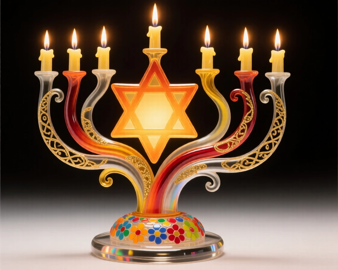 A Star of David glowing softly amid flickering menorah candles, sacred and warm.