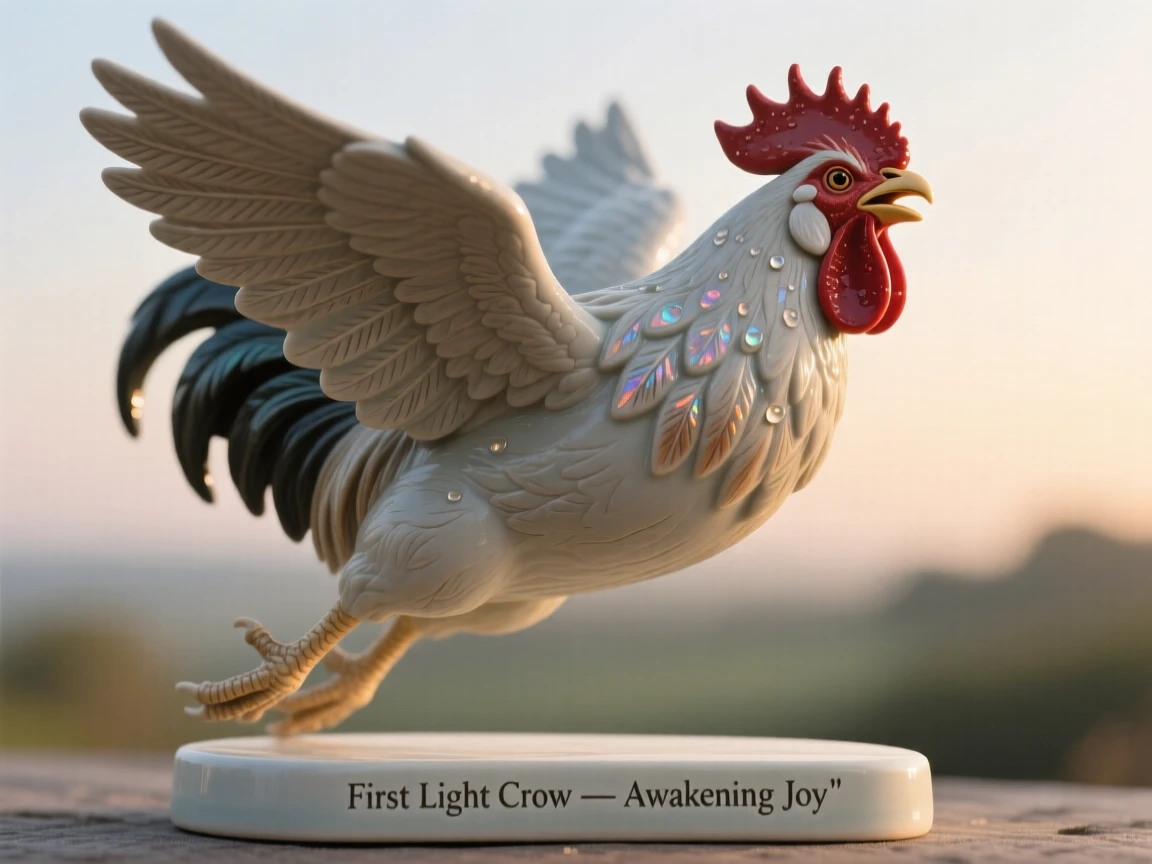 A rooster crowing at first light captured mid-flight with wings fully spread, glistening with a light morning dew, stirring quiet joy and gentle wonder.