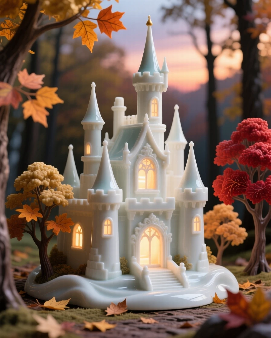 A fairytale castle surrounded by autumn forest, glowing warmly from within at dusk.