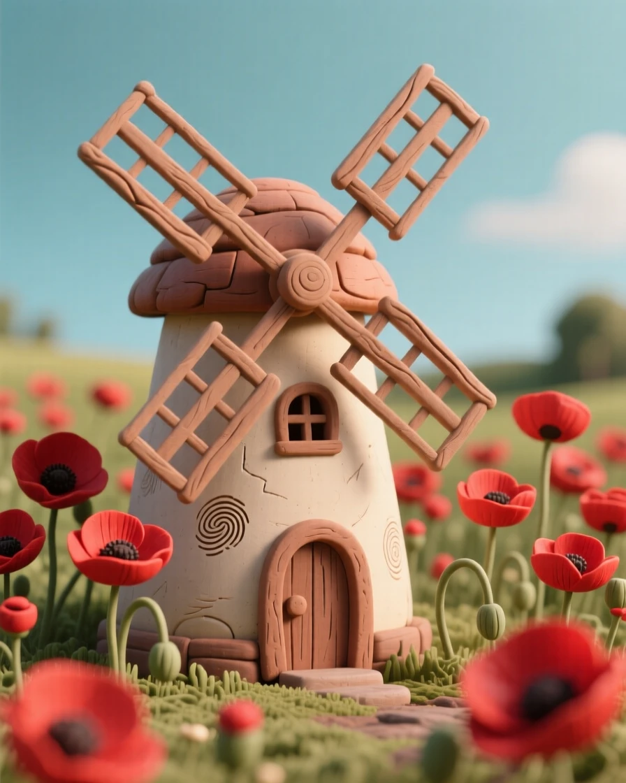 A rustic windmill standing alone in a field of red poppies