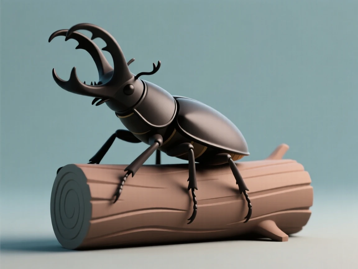 A proud stag beetle raises its impressive antler-like jaws while balanced on a fallen log.