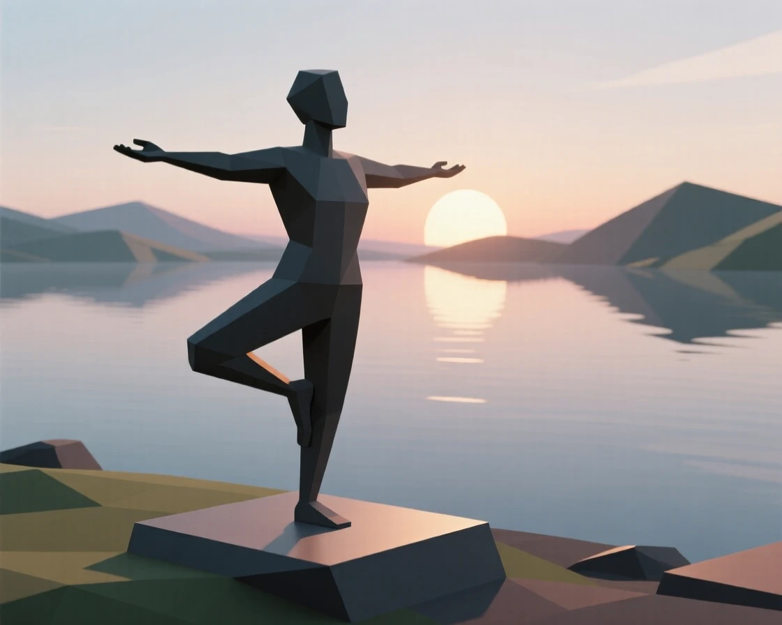 A yogi holding a graceful pose at sunrise, beside a tranquil lake at dawn. fine details highlight skill and craftsmanship. The mood feels adventurous and free.