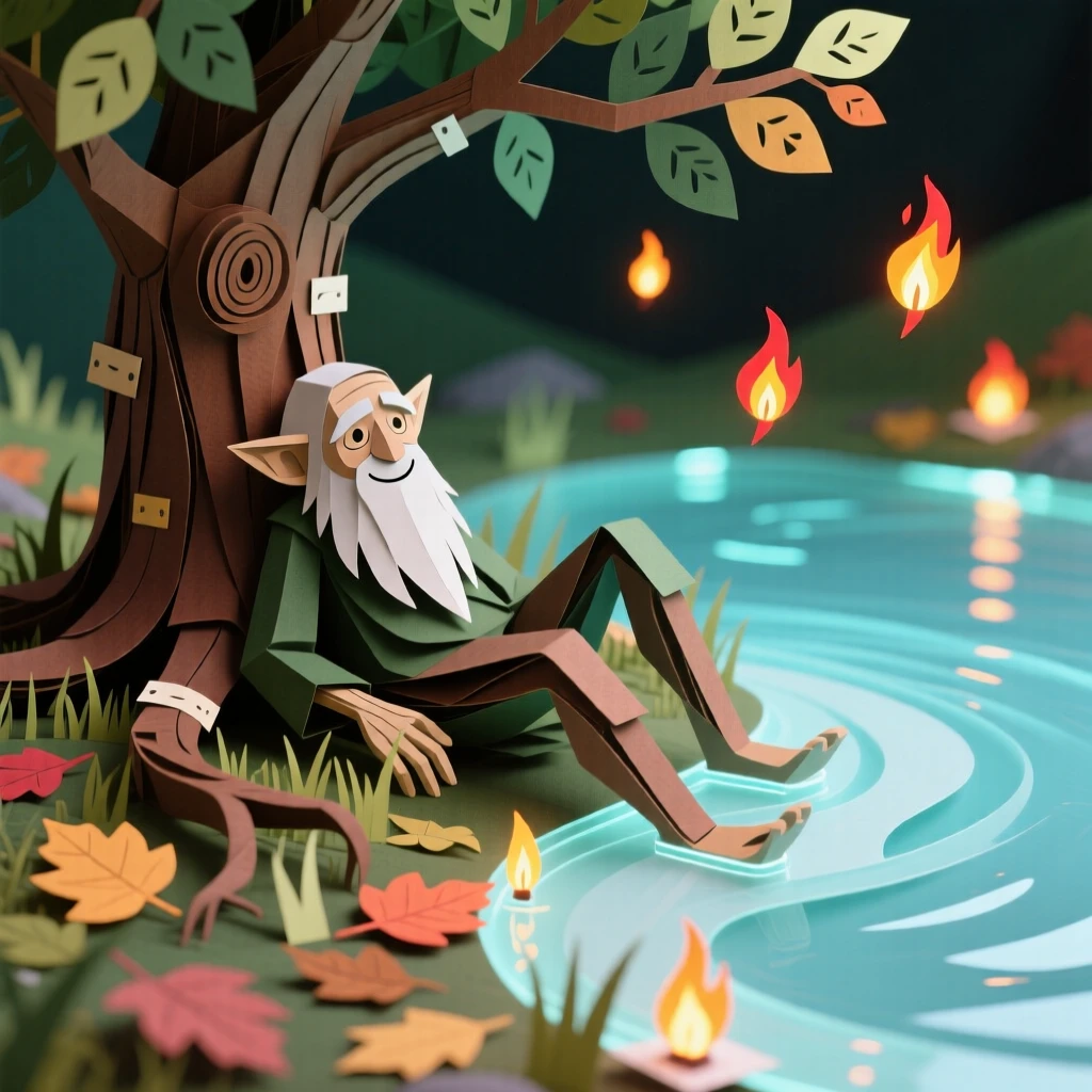 A wise old tree ent resting beside a glowing mystical lake, with embers drifting through the air, evoking a sense of legend and myth.