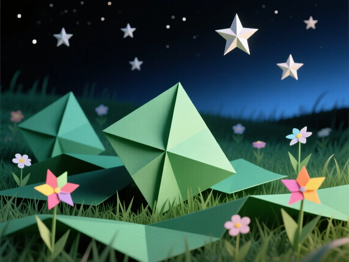 A hidden meadow where wildflowers glow gently as the first stars appear above.