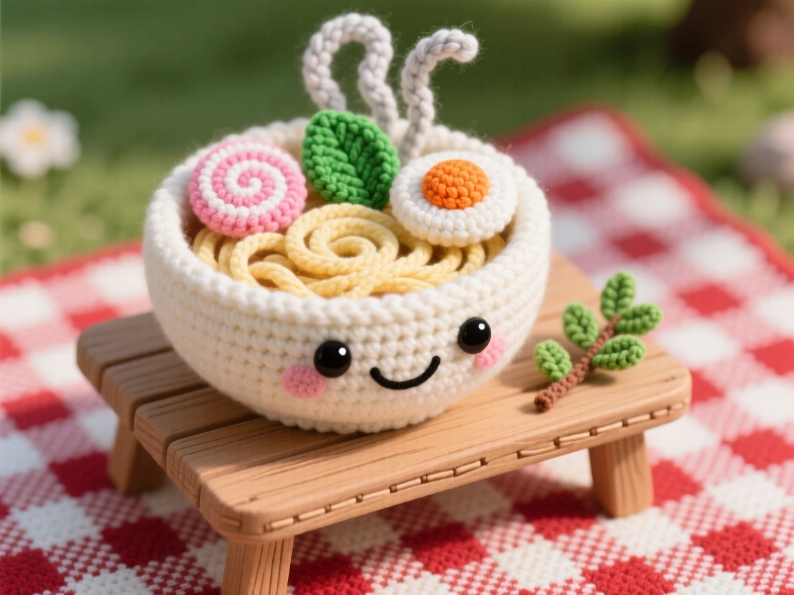 a smiling bowl of ramen, with swirling noodles and toppings, is shown steaming gently on a small wooden table on a checkered picnic blanket in a park beside a sprig of fresh herbs as garnish, capturing a cozy sense of shared treats.