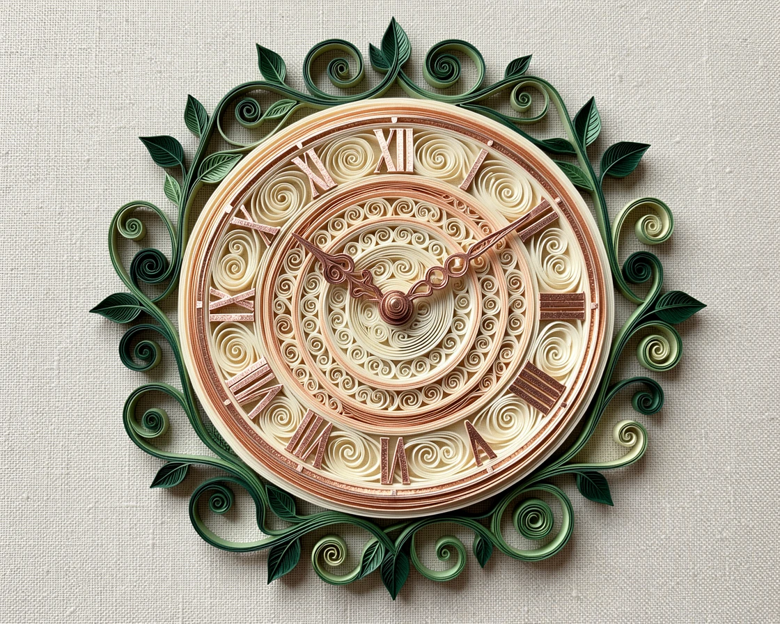 An elegant design featuring an ornamental clock face surrounded by curling vines, arranged in concentric layered rings, accented with delicate touches of rose gold, displayed on a textured linen backdrop.