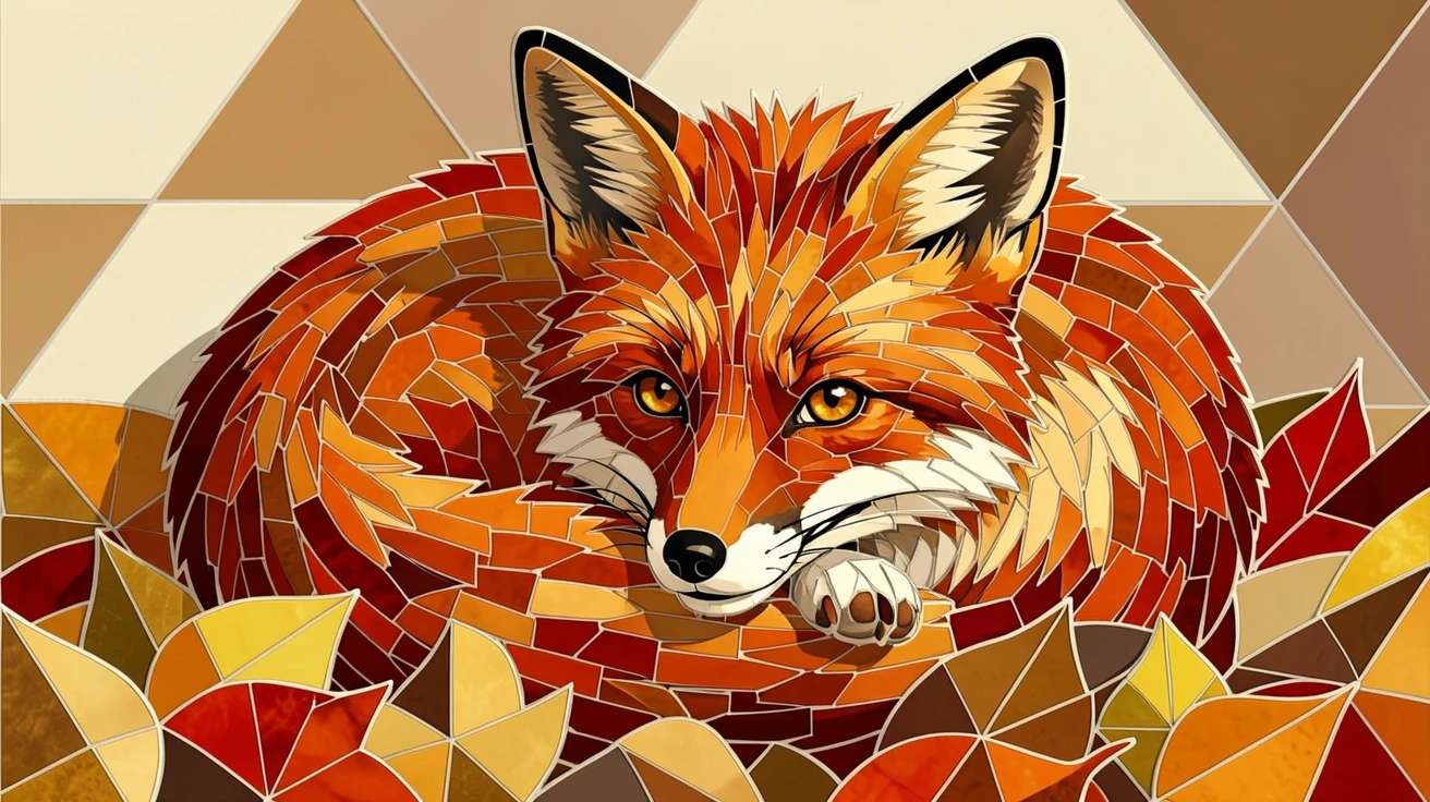 A close-up portrait of a red fox curled up in a bed of autumn leaves, showing rich fur or feather detail and expressive eyes.