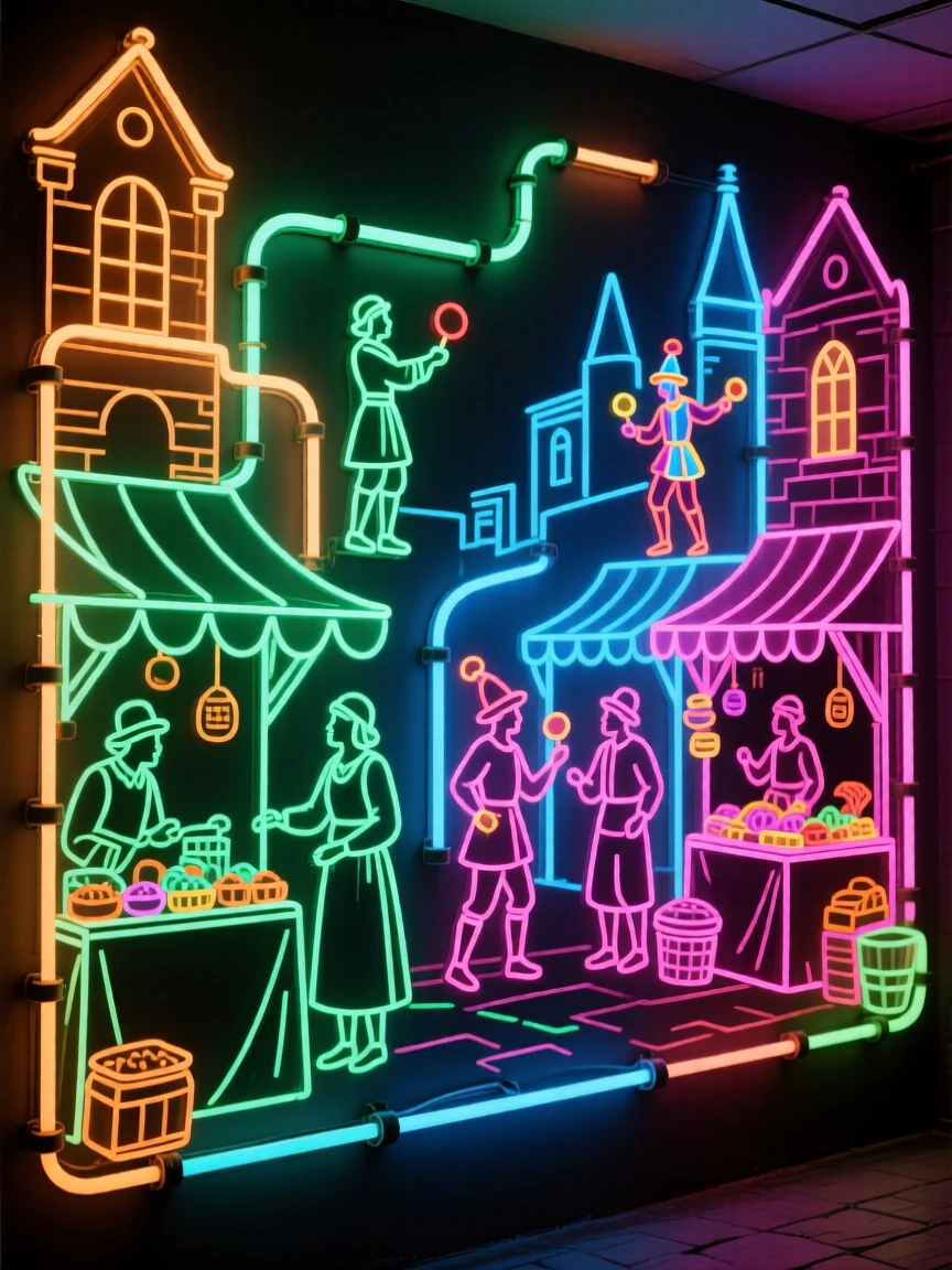A detailed vignette of a bustling medieval marketplace filled with merchants and traveling performers.