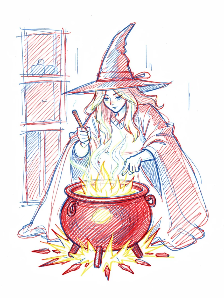 A witch brewing a glowing potion over a crackling cauldron fire