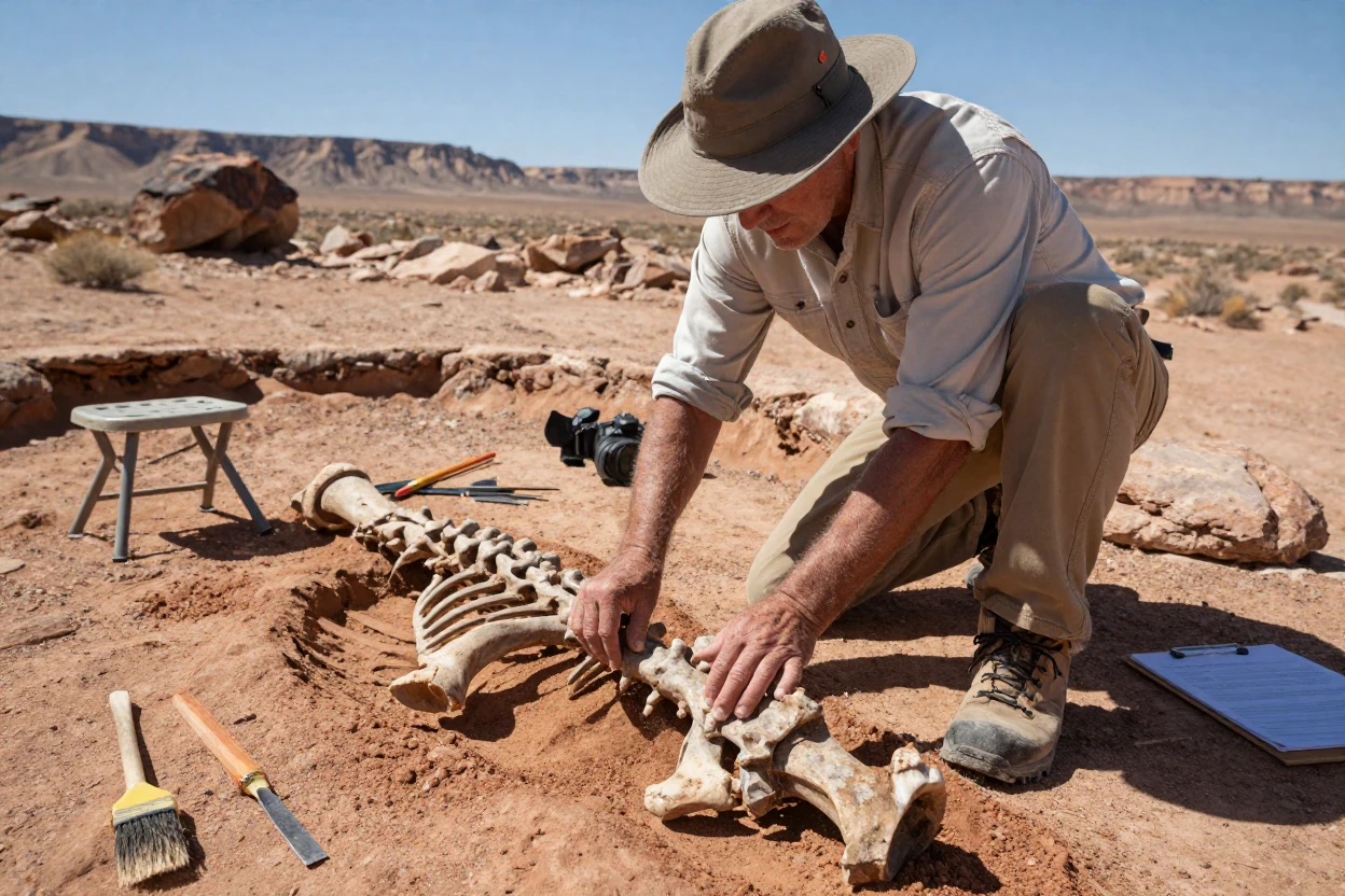 A paleontologist excavating dinosaur bones in a desert dig site