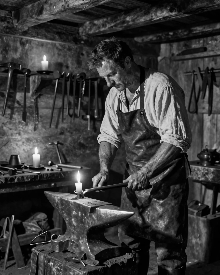 A colonial-era blacksmith forges tools by candlelight inside a modest wooden workshop.