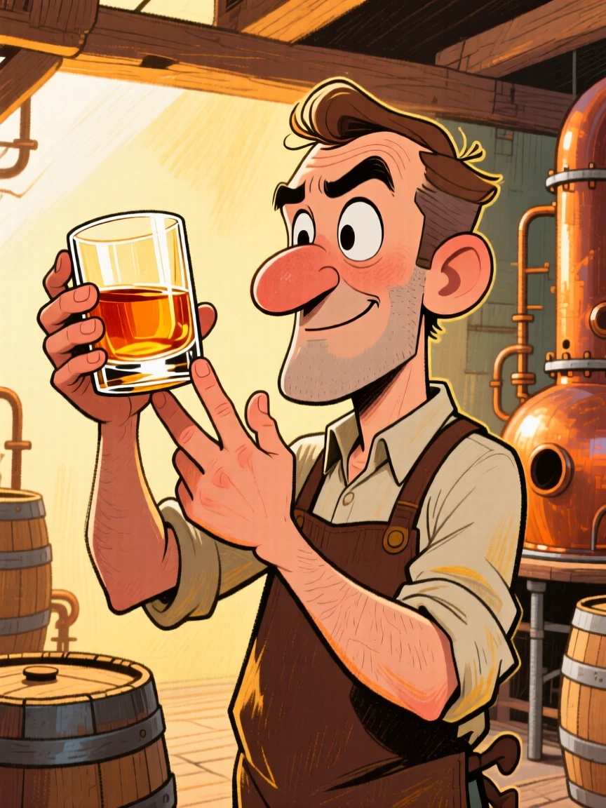 A distillery worker checking the color of whiskey against the light.