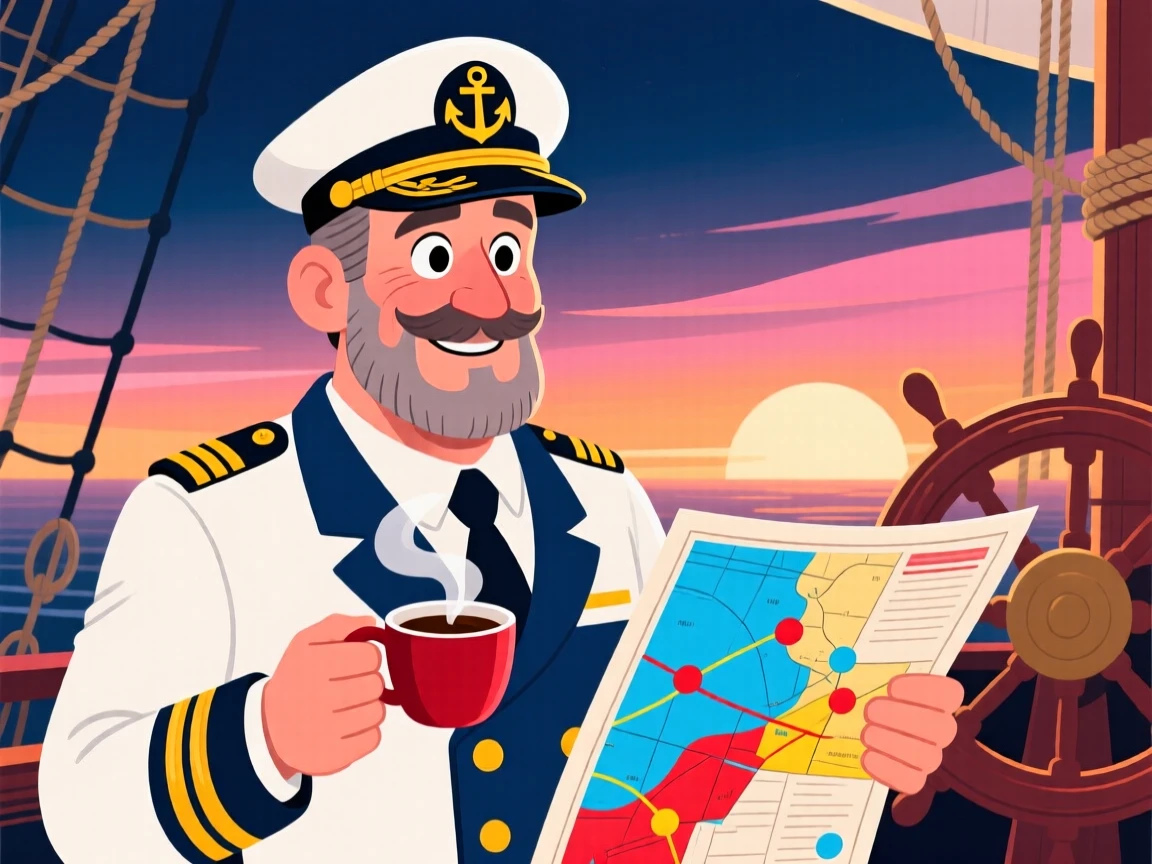 A vibrant profession-themed portrait of a proud ship captain carefully double-checking every last detail, at the crack of dawn with coffee in hand.