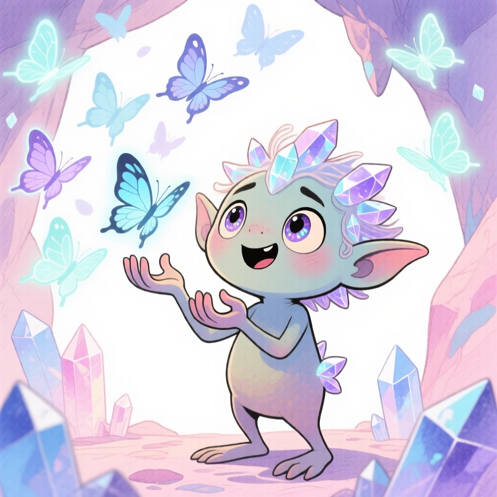 A crystal cave dweller summoning a flock of glowing butterflies