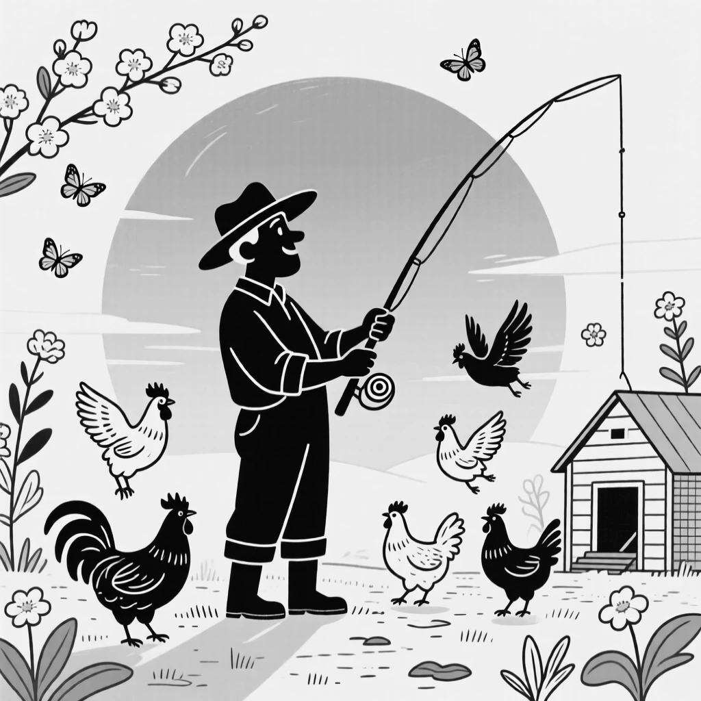 A fisherman silhouetted against a blazing sunset, getting swarmed by hungry, flapping hens, set in a sunny farmyard coop. Butterflies drift lazily between the blossoms. The scene celebrates nature's simple, joyful surprises.