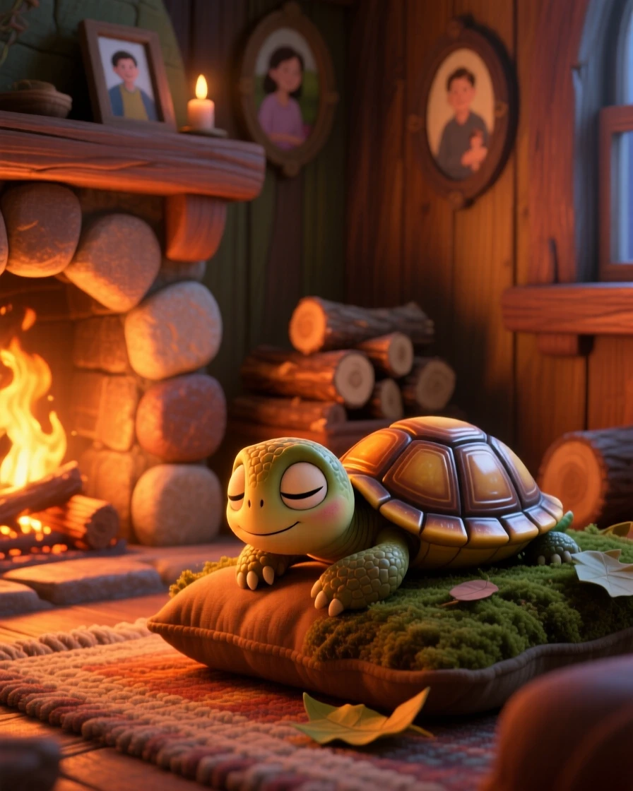 A tiny turtle hatchling is curled up beside a crackling fireplace, blinking sleepily at the camera. Innocent curiosity shines through the moment, with a faint smile-like expression.