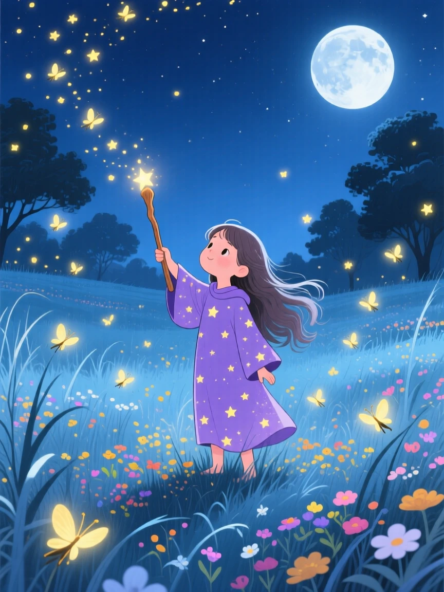 Deep within a moonlit meadow, a young sorceress spends the evening casting a spell that fills the sky with fireflies, while a gentle breeze carries the scent of flowers.