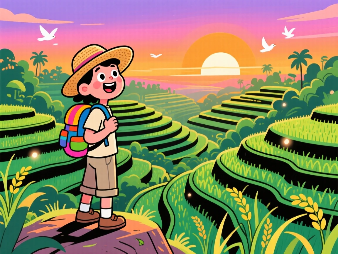 A traveler overlooking terraced rice fields in Bali at sunrise.