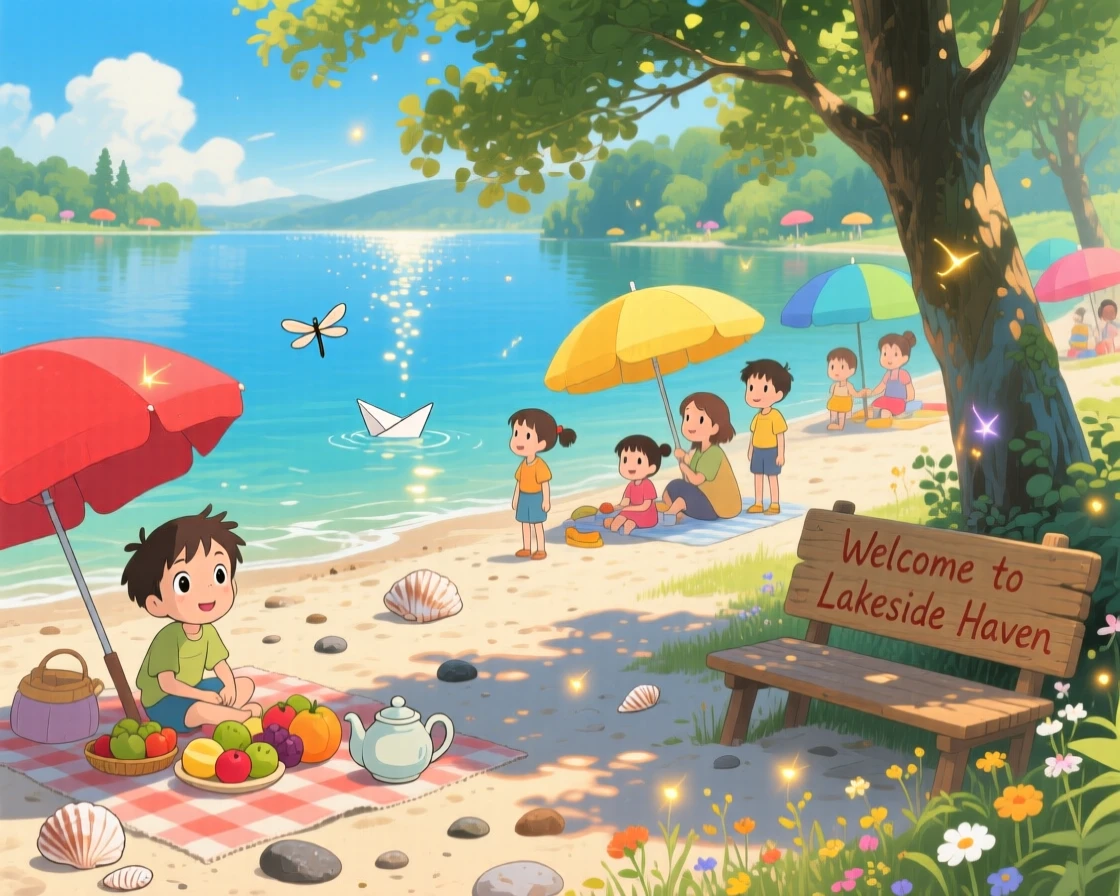 A summer scene of a lakeside beach crowded with colorful umbrellas, as small details of the season fill every corner.