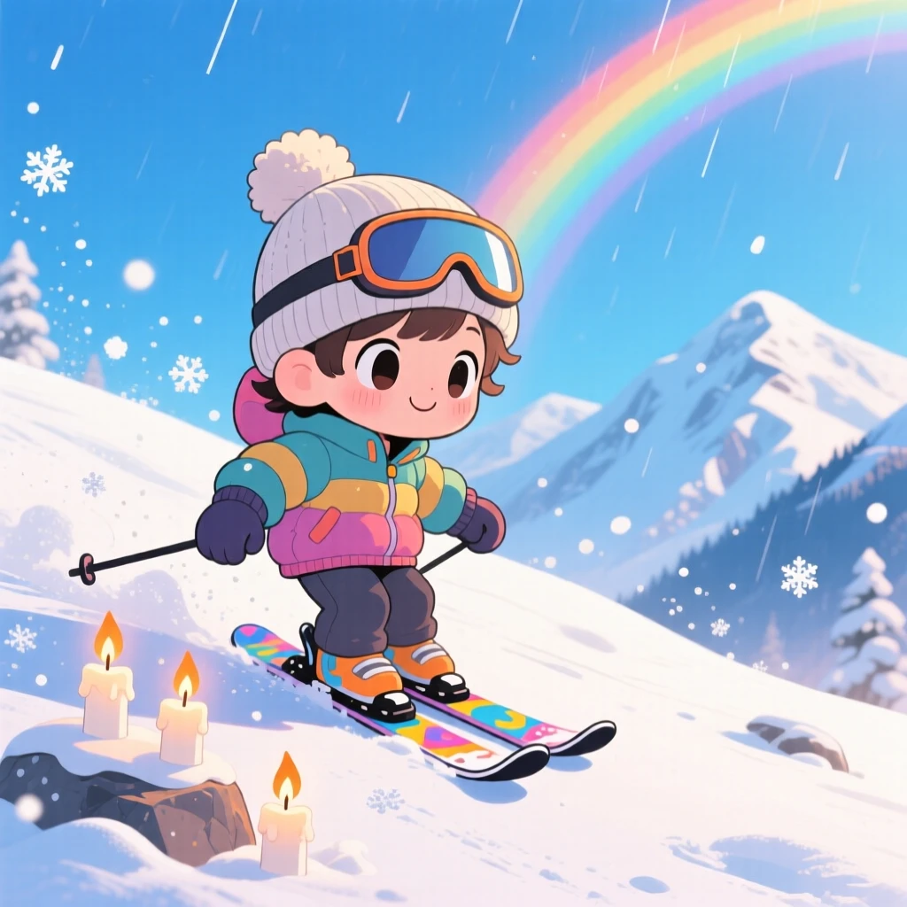 A young skier carving gently down a snowy slope in a bright winter mountainside under a rainbow after the rain; gentle candlelight washes over the scene as quiet contentment fills the moment. Three-quarter view.