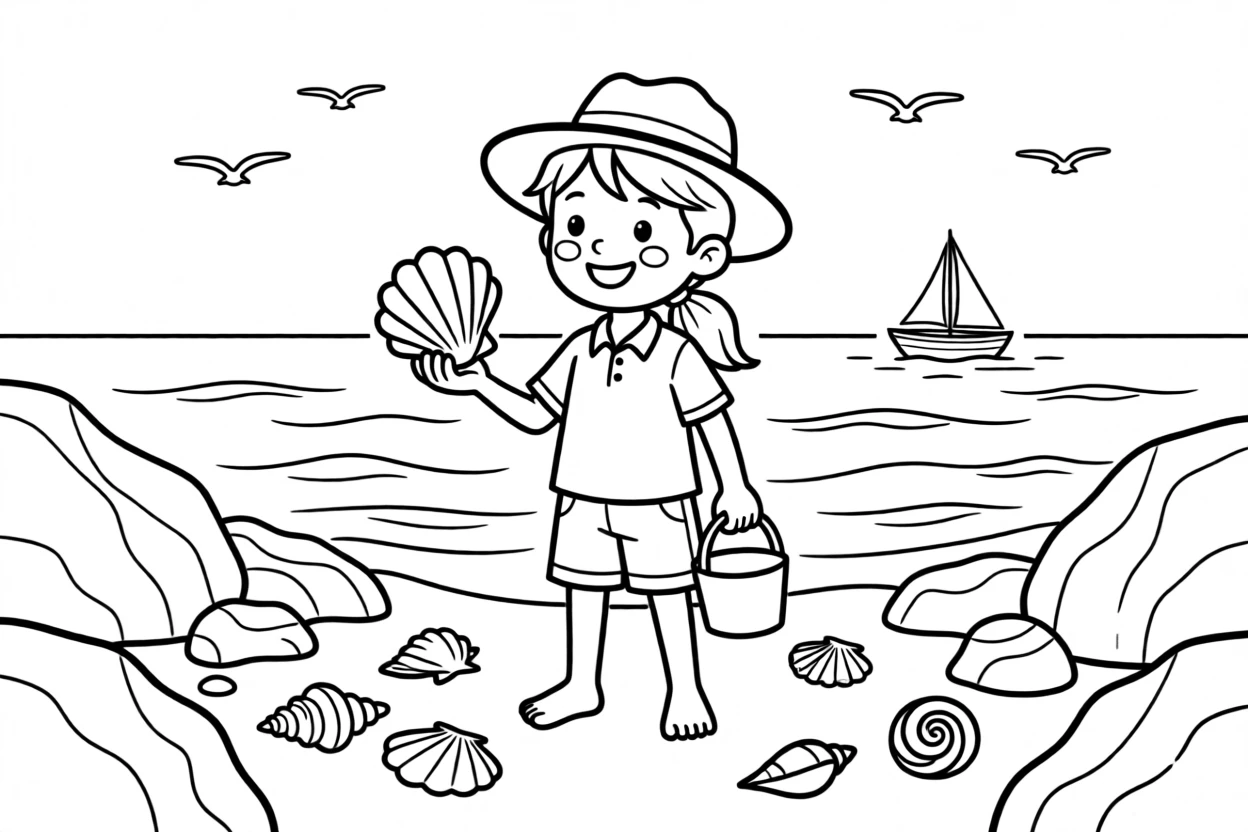 A young adventurer collecting shells along a rocky shoreline