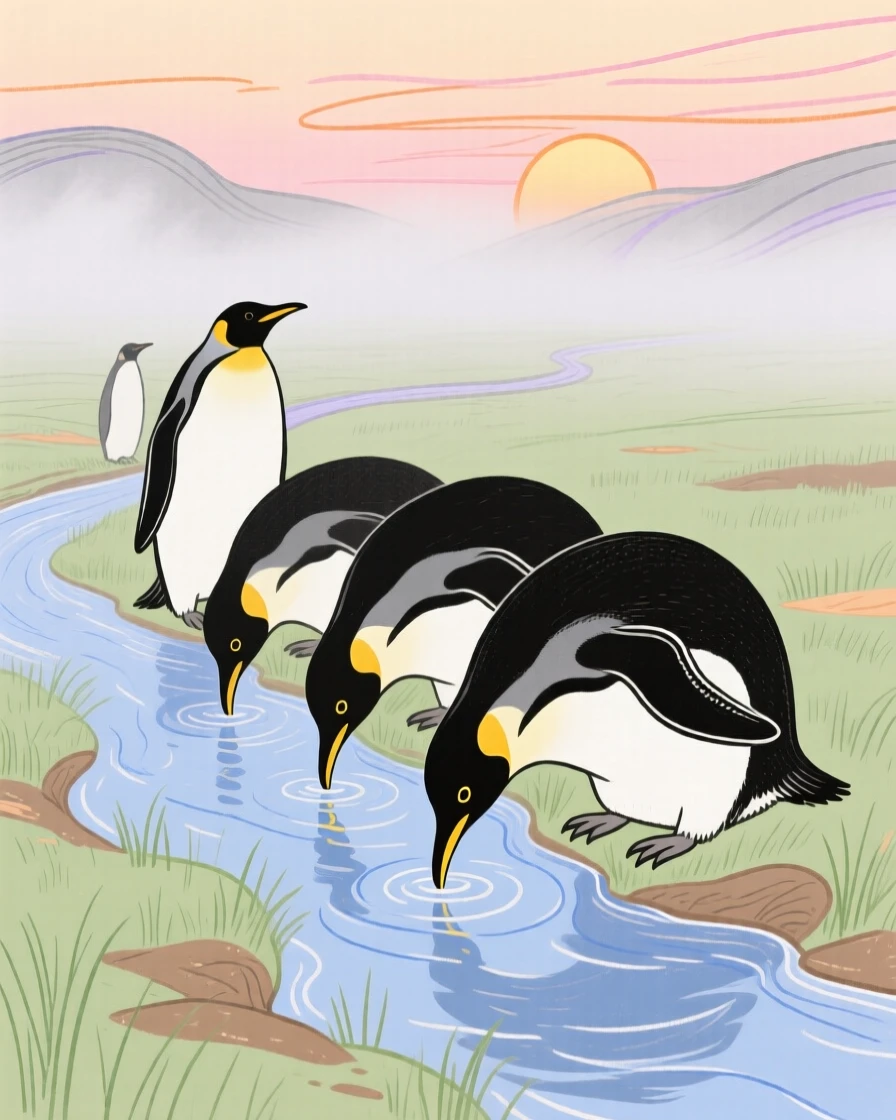 A group of penguins drinking from a stream in a misty morning field at sunrise.