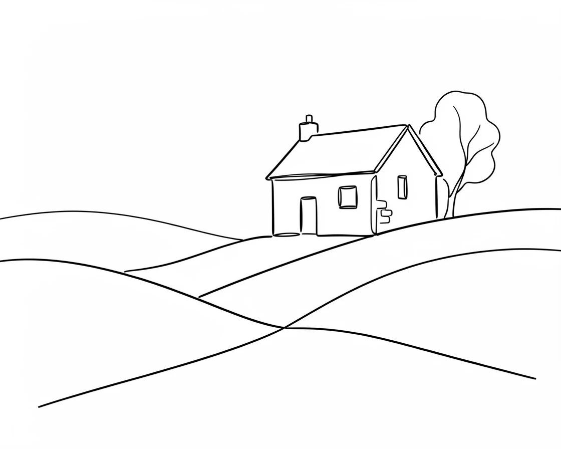 A quiet highland glen with a single stone cottage in the distance