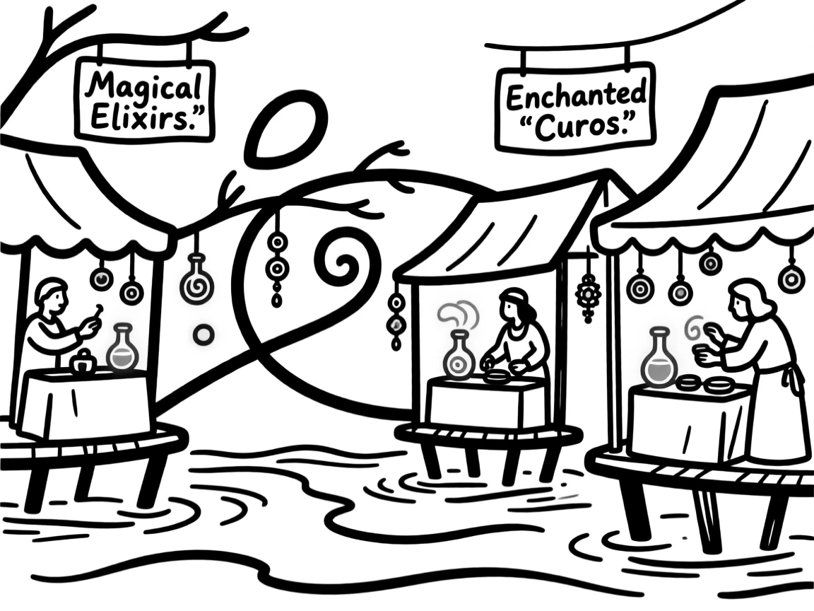 A floating market of magical merchants selling glowing potions and enchanted trinkets.