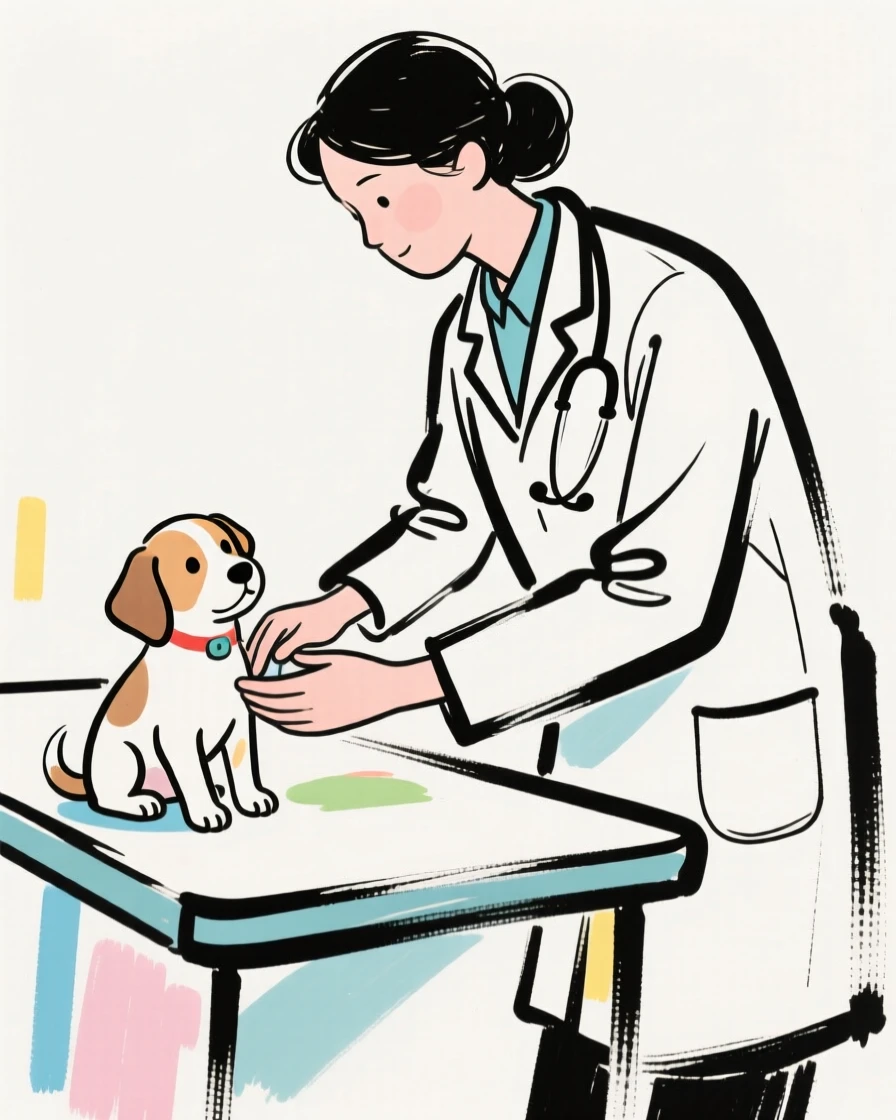 A veterinarian gently examining a puppy on an exam table.