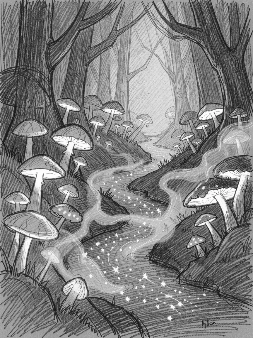 An epic fantasy scene of a river of stars flowing through a dark valley within a forest of glowing mushrooms, with mist curling like living smoke.