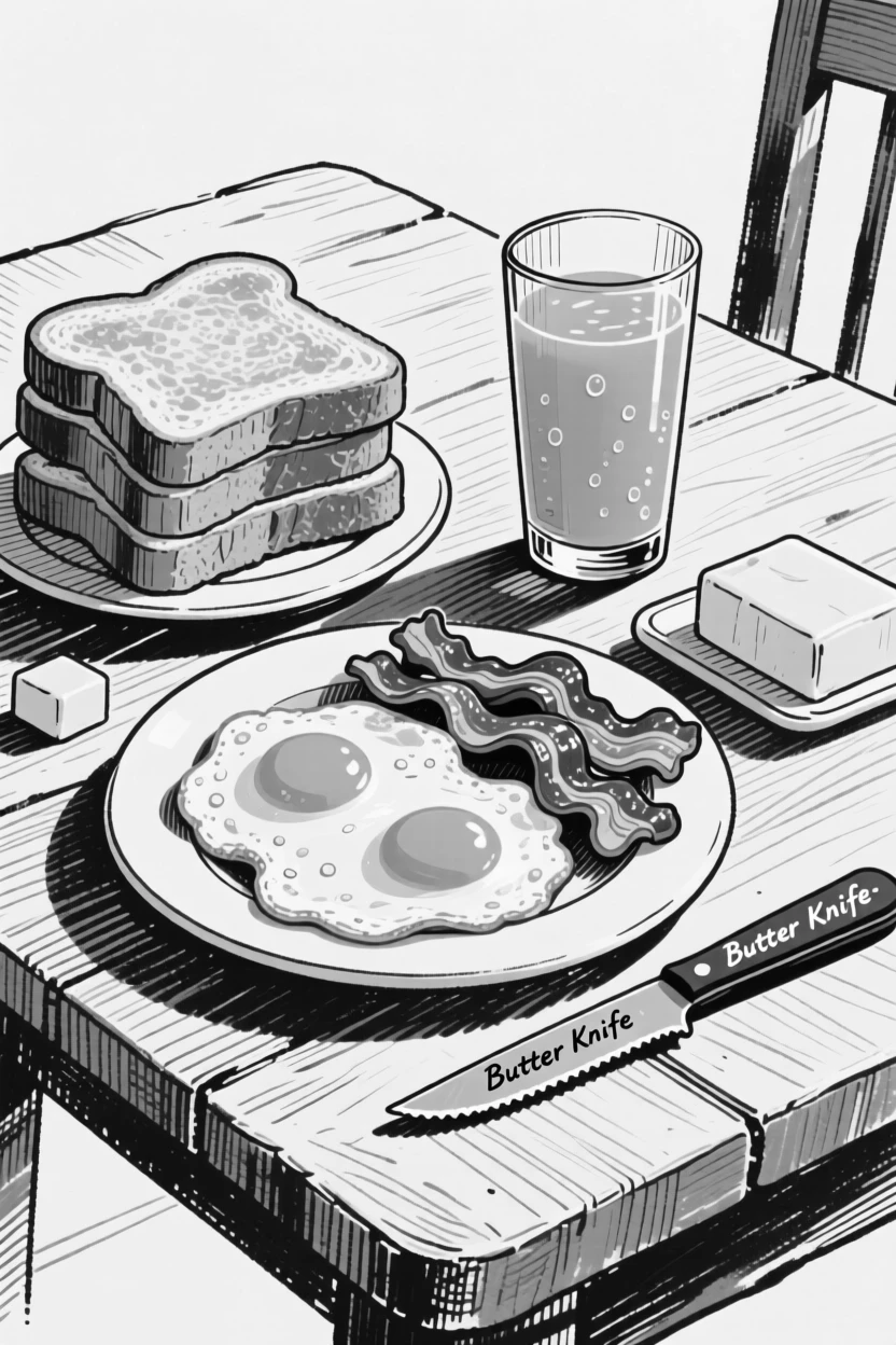 A hearty breakfast spread with eggs, toast, bacon, and orange juice on a sunny table.