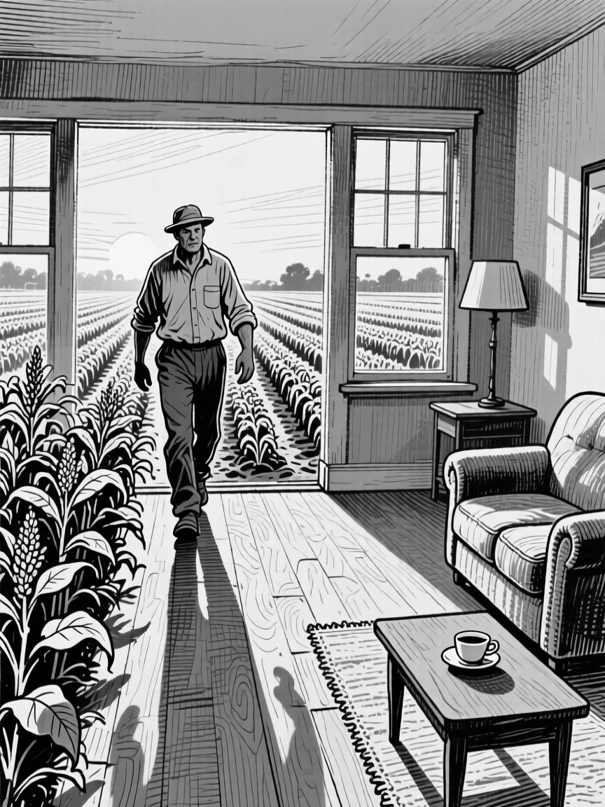 A farmer walking through rows of crops at dawn within a warmly lit living room, with long shadows stretching across the ground, creating a full of gentle warmth lifestyle scene.