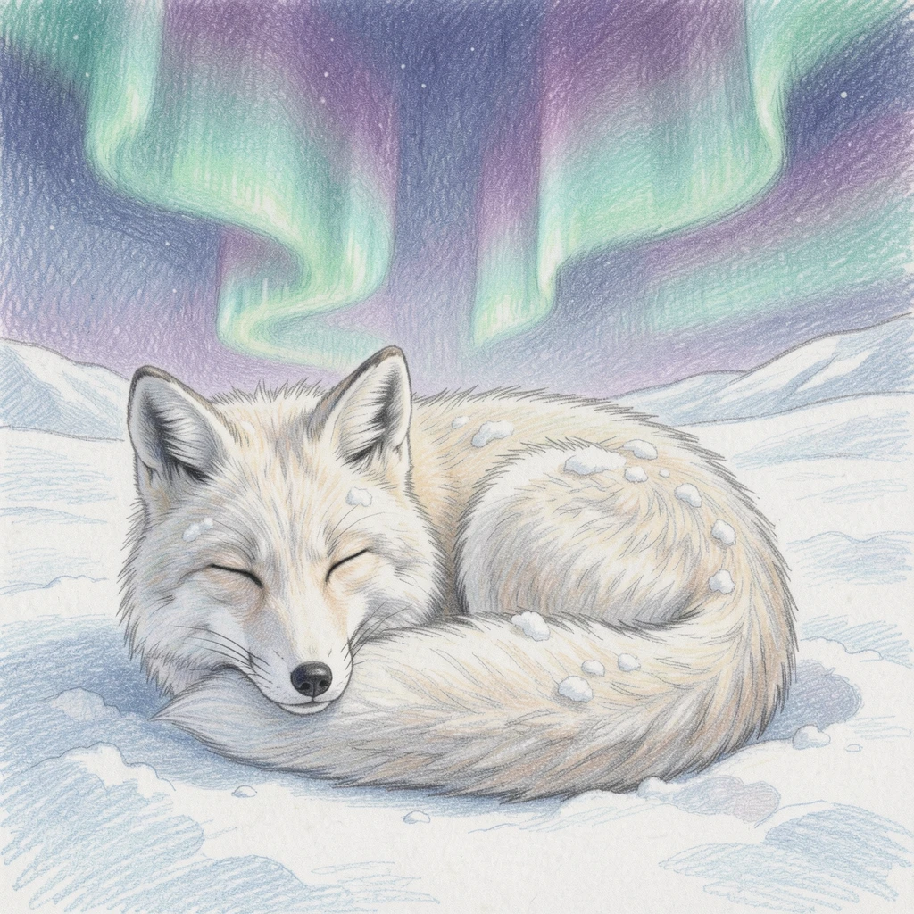 An arctic fox curled up in fresh snow beneath the aurora, set against a softly lit, atmospheric backdrop, radiating comfort, joy, and quiet beauty.