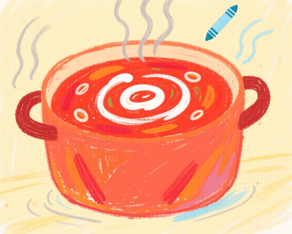 A bubbling pot of tomato soup with a swirl of cream.