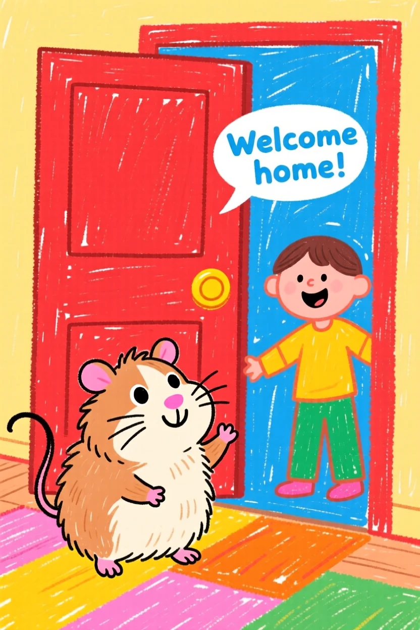 A fluffy guinea pig greeting its owner at the front door with a wagging tail.