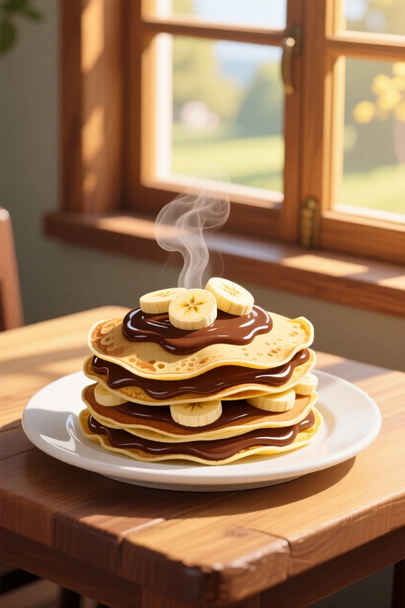 A stack of thin crepes filled with nutella and banana, placed near a window with warm afternoon light, composed with steam rising for a warm, inviting feel, with a joyful, celebratory feel.