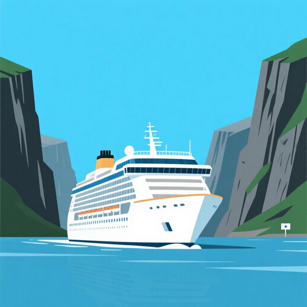A cruise ship sailing past dramatic fjords under a bright sky.
