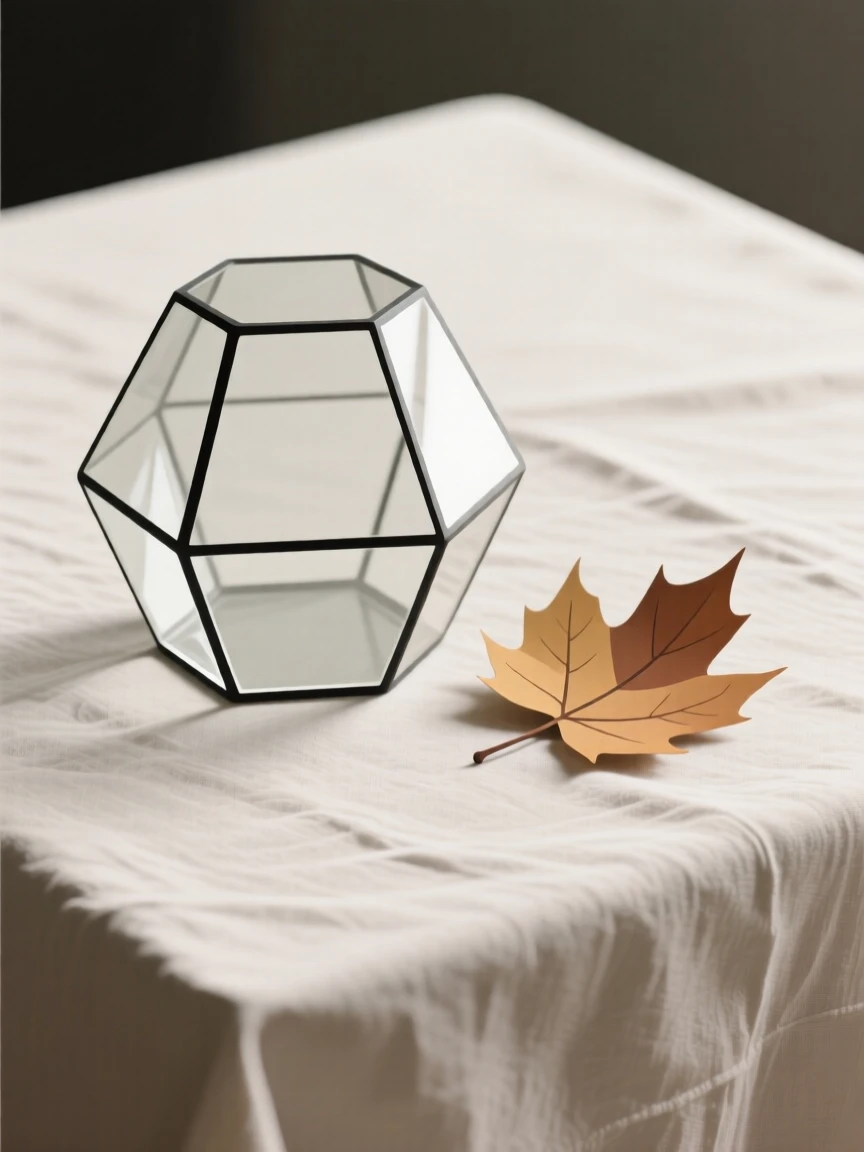 A close-up study of a glass terrarium placed beside loose autumn leaves on a linen tablecloth, full of gentle sentimentality.