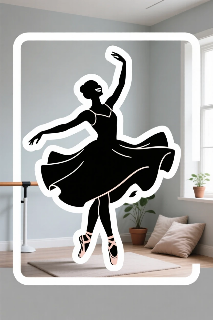 A beaming with excitement dancer mid-spin in a flowing dress, with a look of quiet satisfaction, in a peaceful home corner dedicated to their craft.