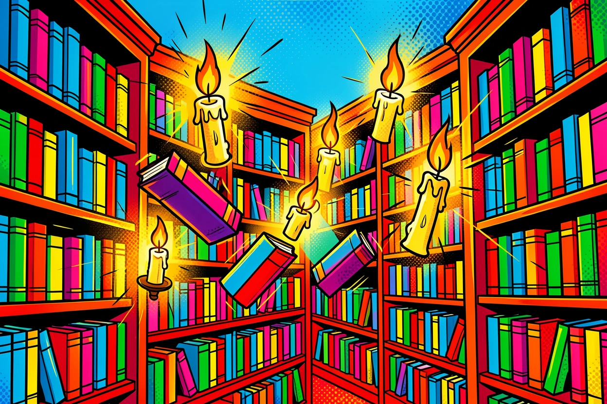 A magical library with floating books and lit candles
