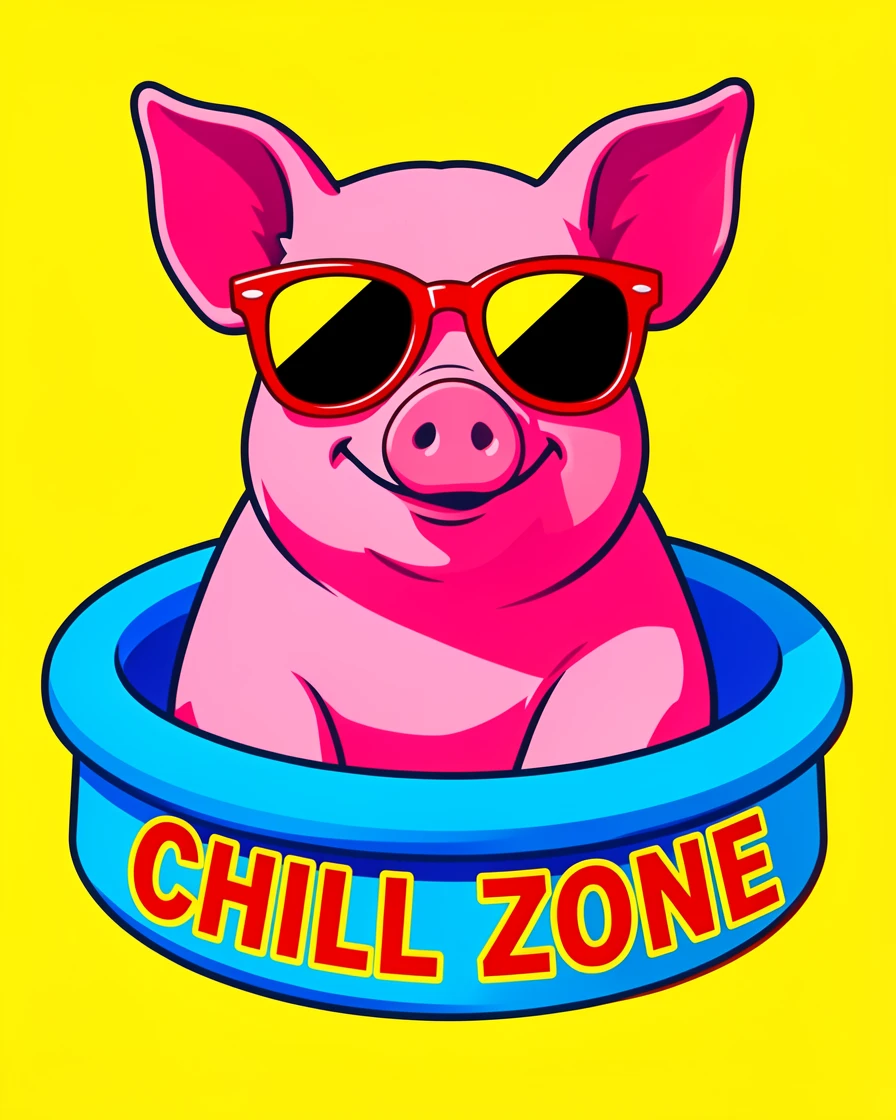 Pig wearing sunglasses lounging in a kiddie pool