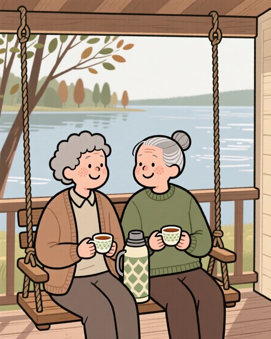 Two old friends sit on a porch swing overlooking the quiet lake, sharing a shared thermos of tea and easy laughter as a gentle breeze stirs the trees.