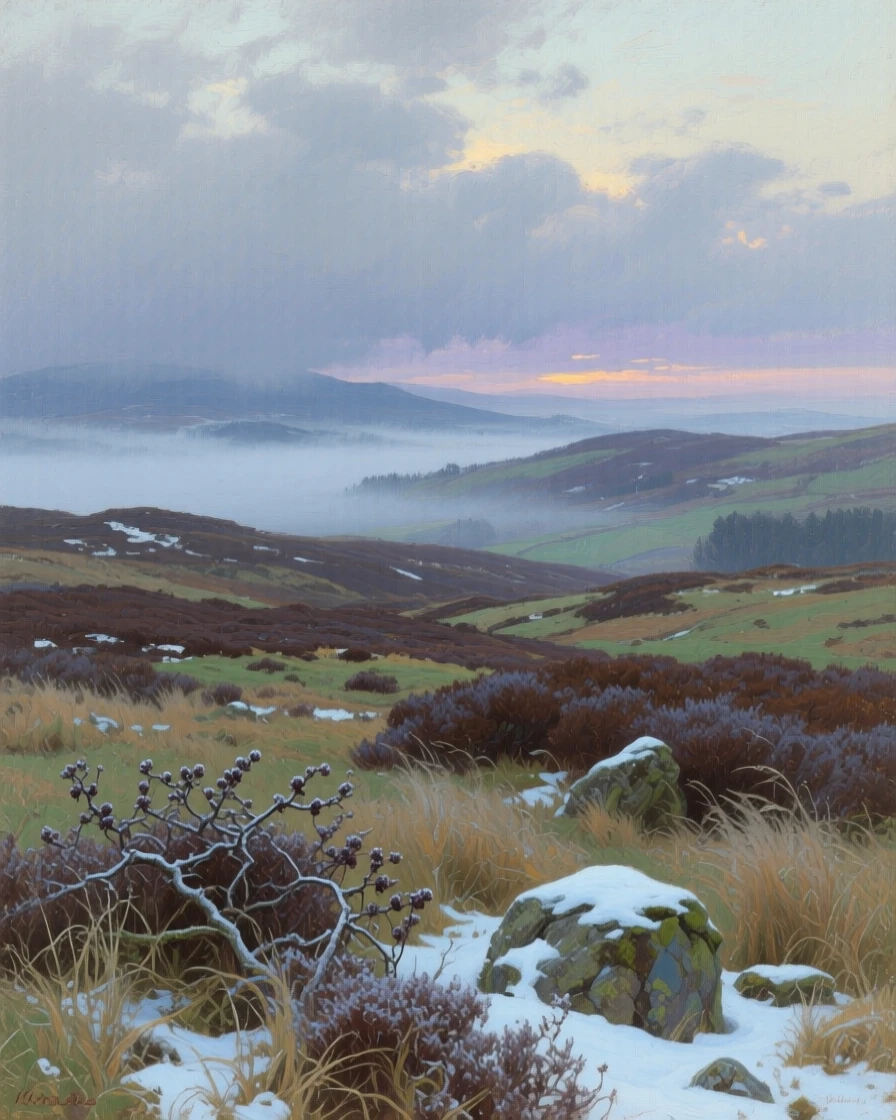 A panoramic view of a misty highland moor stretching beneath low clouds, at twilight, in the quiet stillness of midwinter.