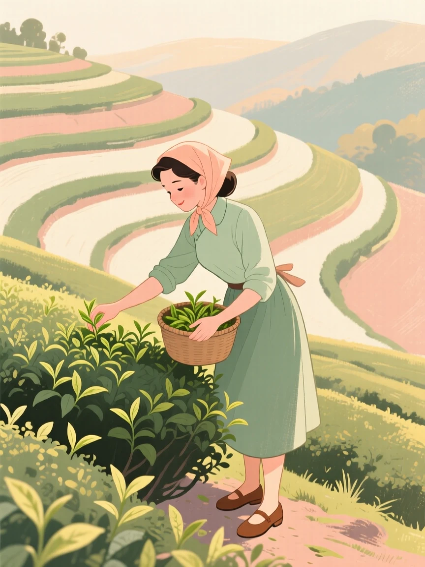 A tea picker gathering fresh leaves on a terraced hillside