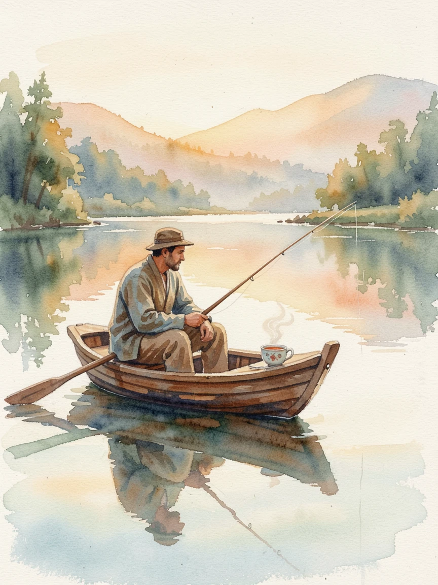 A man fishing quietly from a rowboat on a still lake with a warm cup of tea nearby.