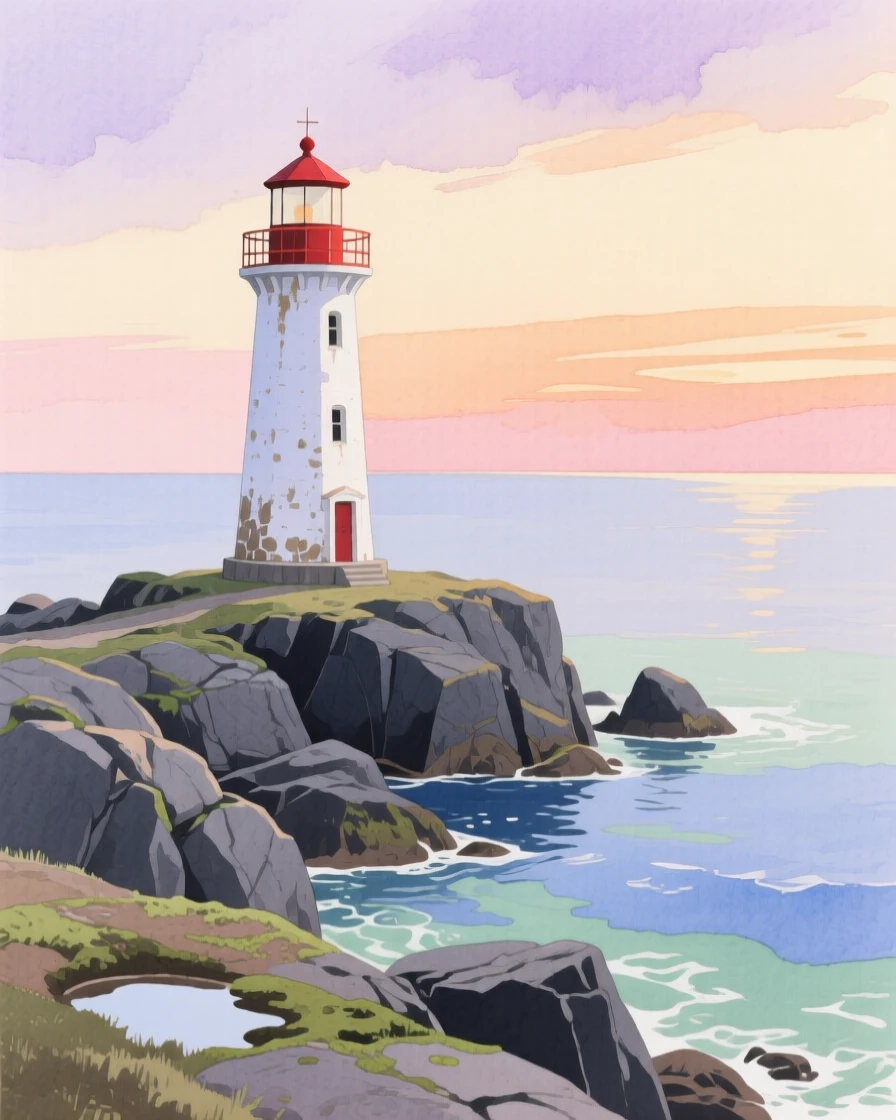A lone lighthouse stands watch on a rocky point as calm waves catch the last light of sunset